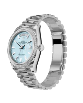 Fake Rolex Day-Date: 36mm platinum, ice-blue, diamond-set dial, diamond-set bezel and a President bracelet, m128396tbr-0003