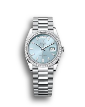 Replica Rolex Day-Date: 36mm platinum, ice-blue, diamond-set dial, diamond-set bezel and a President bracelet, m128396tbr-0003