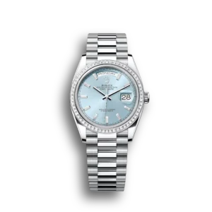 Rolex Day-Date: 36mm platinum, ice-blue, diamond-set dial, diamond-set bezel and a President bracelet, m128396tbr-0003