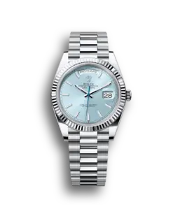 Rolex Day-Date: 40 mm, platinum, ice-blue dial, fluted bezel, President bracelet, m228236-0018