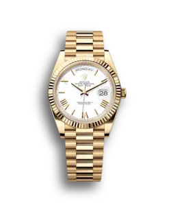 Rolex Day-Date: 40mm yellow gold with a white dial, fluted bezel and a President bracelet, m228238-0042
