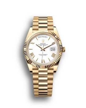 Replica Rolex Day-Date: 40mm yellow gold with a white dial, fluted bezel and a President bracelet, m228238-0042