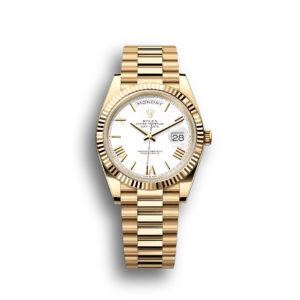 Super Clone Rolex Day-Date: 40mm yellow gold with a white dial, fluted bezel and a President bracelet, m228238-0042