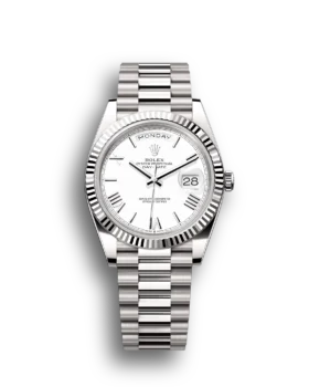 Replica Rolex Day-Date: 40mm, White gold, white dial, fluted bezel, President bracelet, m228239-0046