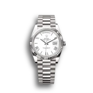 Super Clone Rolex Day-Date: 40mm, White gold, white dial, fluted bezel, President bracelet, m228239-0046
