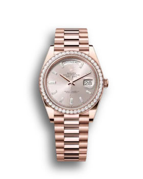 Replica Rolex Day-Date: 40 Everose gold, with a sundust, diamond-set dial, diamond-set bezel and a President bracelet, m228345rbr-0007