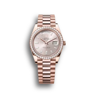 Super Clone Rolex Day-Date: 40 Everose gold, with a sundust, diamond-set dial, diamond-set bezel and a President bracelet, m228345rbr-0007