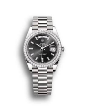 Replica Rolex Day-Date: 40mm white gold, with a bright black, diamond-set dial, diamond-set bezel and a President bracelet, m228349rbr-0003