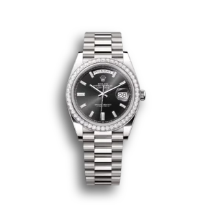 Super Clone Rolex Day-Date: 40mm white gold, with a bright black, diamond-set dial, diamond-set bezel and a President bracelet, m228349rbr-0003