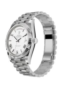 Fake Rolex Day-Date: 40mm, White gold, white dial, fluted bezel, President bracelet, m228239-0046