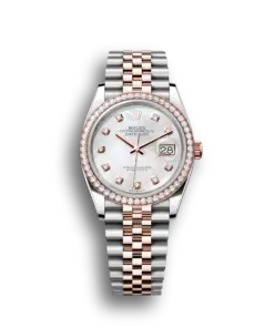Rolex Datejust: 36 mm, Everose gold, white mother-of-pearl, diamond-set dial, Jubilee bracelet, m126281rbr-0009