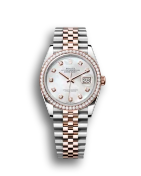Replica Rolex Datejust: 36 mm, Everose gold, white mother-of-pearl, diamond-set dial, Jubilee bracelet, m126281rbr-0009