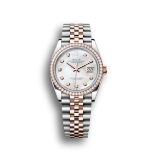 Super Clone Rolex Datejust: 36 mm, Everose gold, white mother-of-pearl, diamond-set dial, Jubilee bracelet, m126281rbr-0009