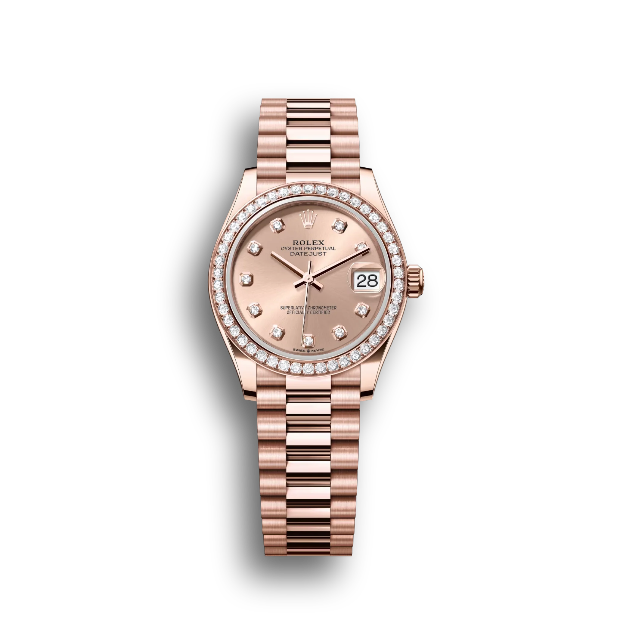 Rolex Datejust: 31 mm, Everose gold, rosé colour, diamond-set dial, President bracelet, m278285rbr-0025