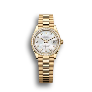 Super Clone Rolex Datejust: 31 mm, Yellow gold, white mother-of-pearl, diamond-set dial, President bracelet, m278288rbr-0006