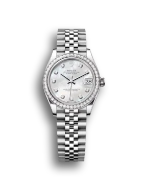 Replica Rolex Datejust: 31 mm, Oystersteel and white gold, white mother-of-pearl, diamond-set dial, Jubilee bracelet, m278384rbr-0008