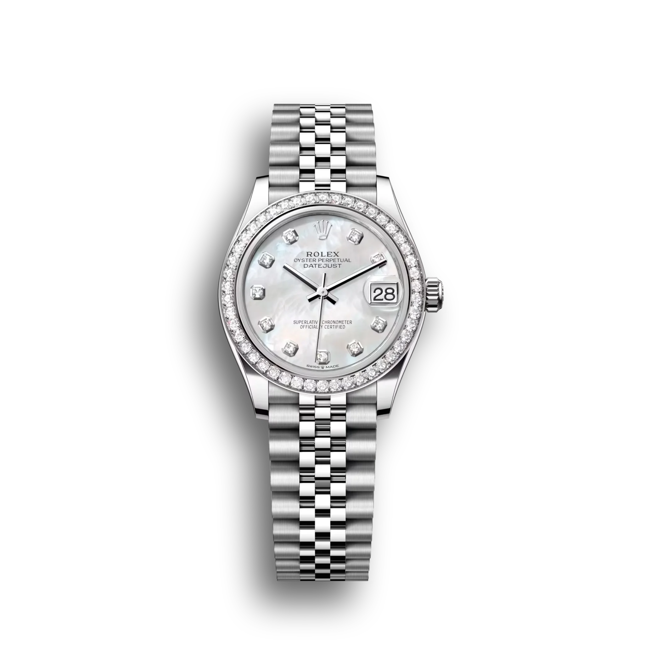 Rolex Datejust: 31 mm, Oystersteel and white gold, white mother-of-pearl, diamond-set dial, Jubilee bracelet, m278384rbr-0008
