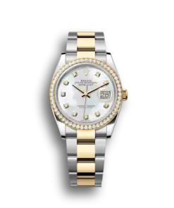 Rolex Datejust: 36 mm, Oystersteel and yellow gold, white mother-of-pearl, diamond-set dial, Oyster bracelet, m126283rbr-0010
