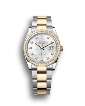 Replica Rolex Datejust: 36 mm, Oystersteel and yellow gold, white mother-of-pearl, diamond-set dial, Oyster bracelet, m126283rbr-0010