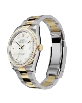 Fake Rolex Datejust: 36 mm, Oystersteel and yellow gold, white mother-of-pearl, diamond-set dial, Oyster bracelet, m126283rbr-0010